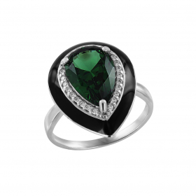 Кольцо с зеленым ситаллом, фианитами и эмалью